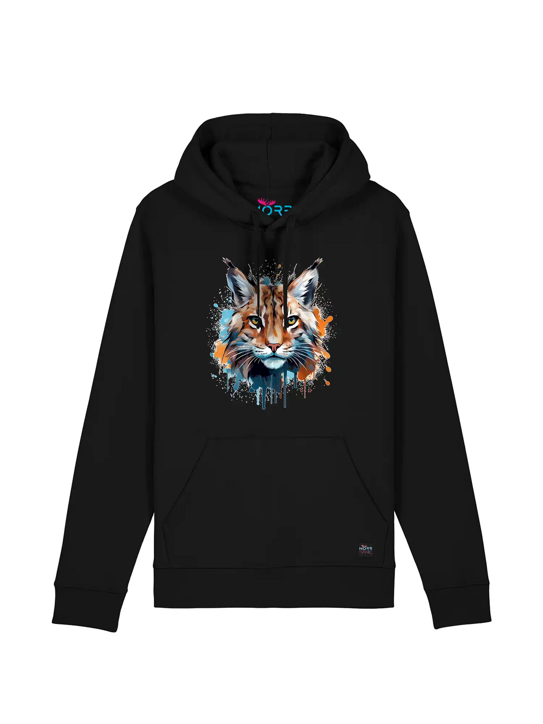 Ein schwarzer NORRGANIC Unisex Hoodie mit einem bunten Luchs-Aufdruck auf der Brust.