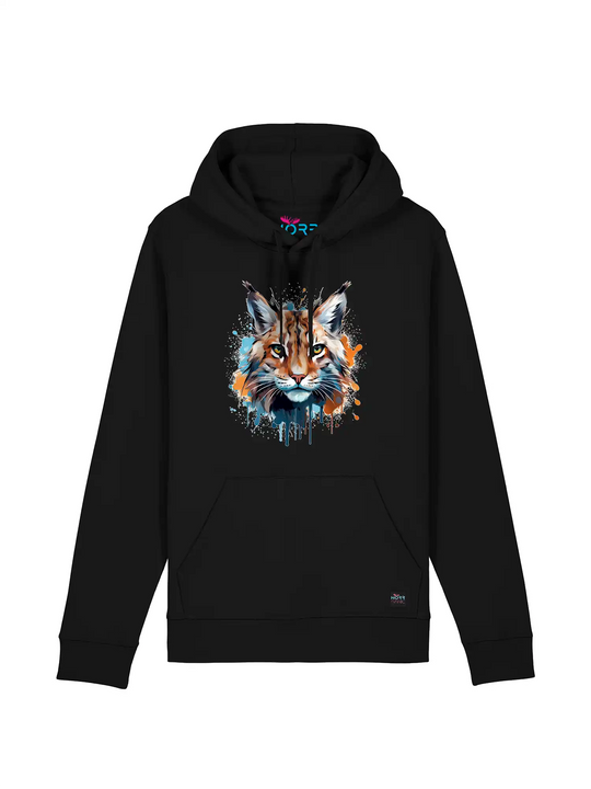 Ein schwarzer NORRGANIC Unisex Hoodie mit einem bunten Luchs-Aufdruck auf der Brust.